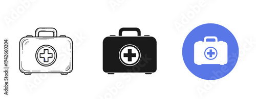 Set of first aid kit icons in black and white with blue circle