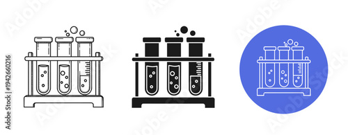 Set of three chemical lab test tube racks in black and white and blue icon