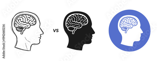 Silhouette brain comparison: human profiles analyzing anatomy differences