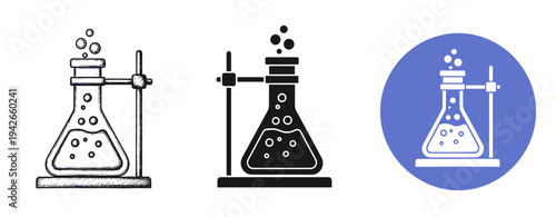 Set of laboratory flasks with stands - outline, silhouette, and color icon