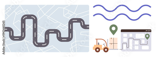 Supply chain management, delivery logistics, transportation planning, route mapping, online tracking, cargo optimization. Winding road over map, location pins forklift with goods. Supply chain