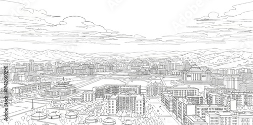 Urban landscape sketch of a city with mountains and clouds in the background