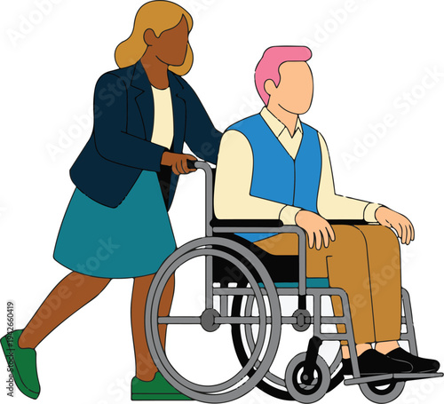 Woman pushing a man in a wheelchair outdoors for accessibility and mobility assistance one person helping another