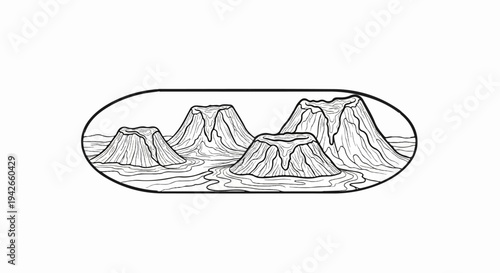 Stylized line art of four active volcanoes erupting lava streams into a body of water