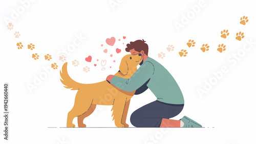 Man kneeling and hugging a golden retriever dog with hearts and paw prints floating around them in a playful and affectionate scene
