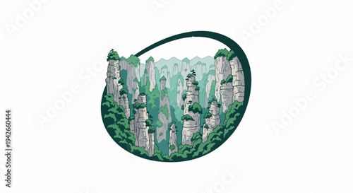 Stylized illustration of towering, mist-shrouded karst pillars with lush greenery