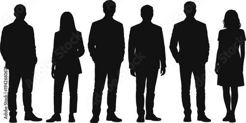Silhouettes of business professionals in formal attire standing side by side, symbolizing teamwork, leadership, diversity, identity, and collaboration in modern workplace illustration