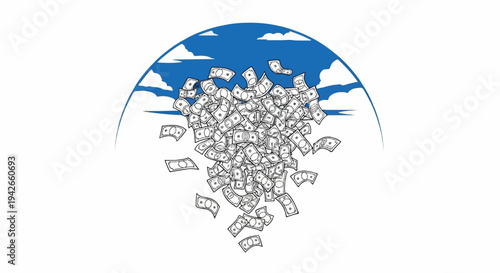 Hand-drawn cash raining down against a backdrop of a blue sky with clouds