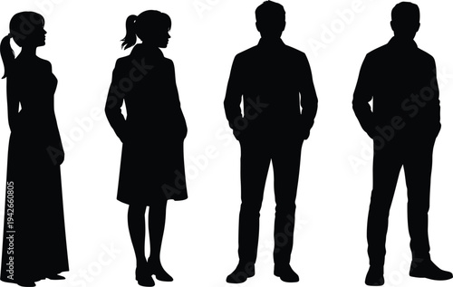 Silhouettes of diverse individuals in casual and formal attire standing side by side, symbolizing teamwork, diversity, identity, leadership, and collaboration in modern society illustration