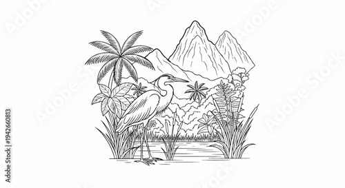 Heron in lush tropical landscape with mountains and palm trees