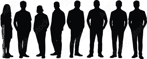 Silhouettes of diverse group of people standing together in unity, representing teamwork, diversity, identity, leadership, and collective strength in modern society concept illustration