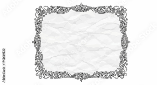 Ornate black border frames crumpled textured paper background