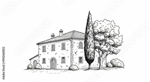 Hand-drawn sketch of a stone building with a tiled roof, flanked by trees