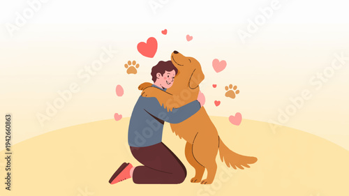 Man kneeling and hugging a golden retriever dog with hearts and paw prints floating around them on a beige background