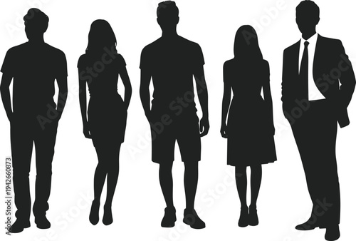 Silhouettes of diverse individuals in casual and formal clothing standing side by side, symbolizing teamwork, diversity, identity, leadership, and collaboration in modern society illustration
