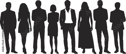 Silhouettes of diverse individuals in formal and semi‑formal attire standing side by side, symbolizing teamwork, diversity, identity, leadership, and collaboration illustration