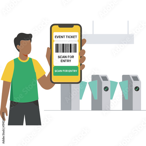 Man holding phone with event ticket near ticket scanner gate entrance