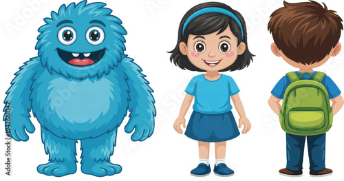 Cartoon monster and two children standing together in blue and green colors smiling and looking happy