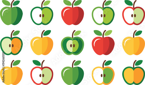 Colorful cartoon apples with different colors and cut in half  various fruit icons