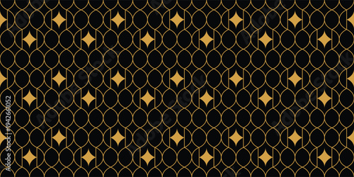 Elegant Art Deco seamless pattern with golden geometric lines on black. Perfect for luxury textile prints, apparel, premium wallpaper, and sophisticated brand packaging.