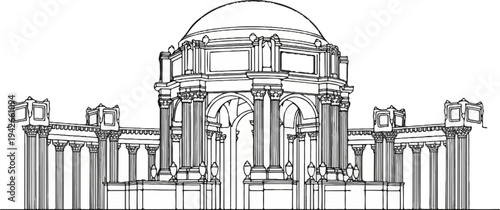 Ornate classical building facade with a central dome, colonnades, and arched entrances