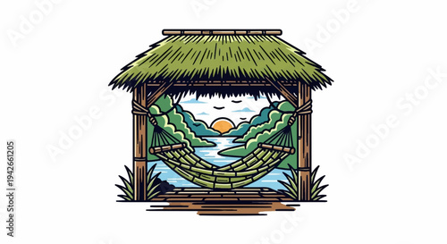 Tropical hut with hammock overlooking ocean sunset