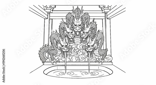 Ornate multi-headed dragon fountain pours water into a pool within a structure