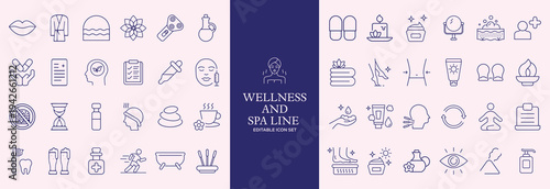 Wellness and Spa Line Editable Icons set. Vector illustration in modern thin line style of components of a healthy lifestyle, face , recreation. Pictograms and infographics