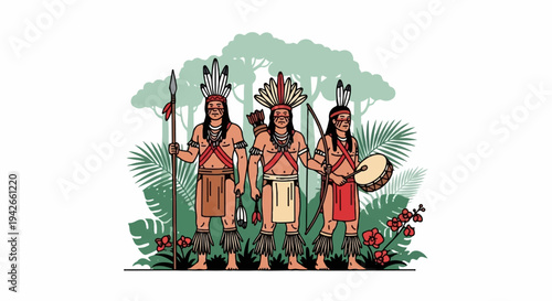 Three indigenous warriors with weapons and headdresses in a jungle
