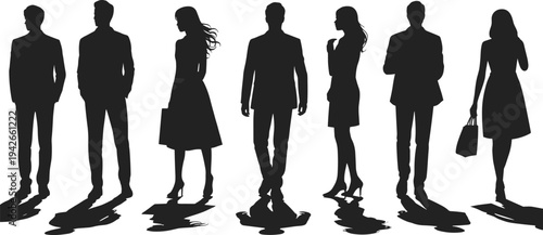 Silhouettes of diverse individuals in formal and semi‑formal attire standing together, symbolizing teamwork, leadership, diversity, identity, and collaboration
