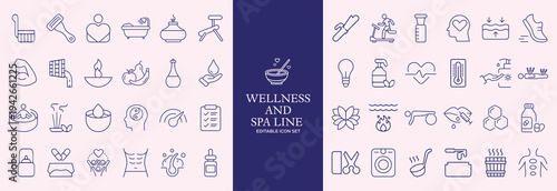 Wellness and Spa Line Editable Icons set. Vector illustration in modern thin line style of components of a healthy lifestyle, face , recreation. Pictograms and infographics