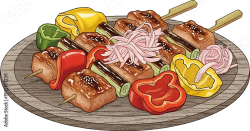 Grilled skewers with bell peppers and sliced onions on wooden plate