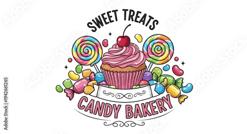 Sweet Treats Candy Bakery logo featuring a cupcake, lollipops, and assorted candies.