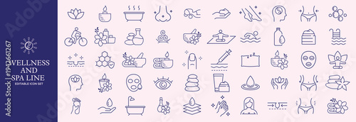 Wellness and Spa Line Editable Icons set. Vector illustration in modern thin line style of components of a healthy lifestyle, face , recreation. Pictograms and infographics