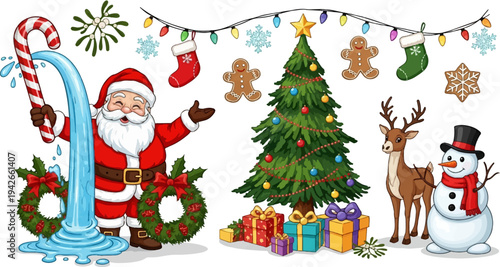 Merry Christmas elements Santa, tree, gifts, snowman, reindeer, stockings, lights, mistletoe