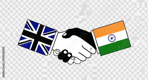 Two hands shake, holding flags of the United Kingdom and India, symbolizing partnership