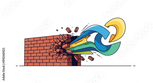 Colorful Ribbon Breaking Brick Wall.