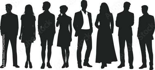 Silhouettes of diverse individuals standing side by side, symbolizing teamwork, leadership, diversity, identity, and collaboration in modern society and professional group dynamics illustration