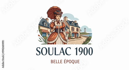 Vintage woman with umbrella strolls along a coastal town in Belle Époque