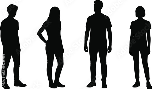Silhouettes of diverse individuals in varied postures and clothing styles standing side by side, symbolizing teamwork, diversity, identity, leadership, and collaboration illustration