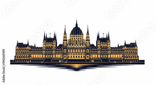 Majestic government building with dome, spires, and glowing windows, reflected in water