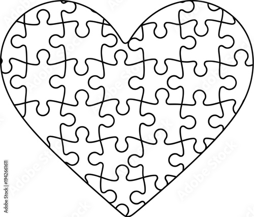Black outline heart shape formed from many interconnected jigsaw puzzle pieces on a simple white background symbolizing connection and unity.