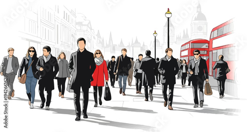 Stylized illustration of a busy urban street with pedestrians and iconic red double-decker buses