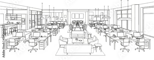 Modern office interior with workstations, lounge areas, and a kitchen