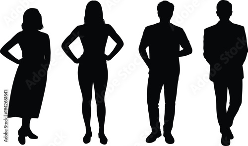 Silhouettes of diverse men and women in casual and formal attire standing side by side, symbolizing teamwork, diversity, identity, leadership, and collaboration illustration