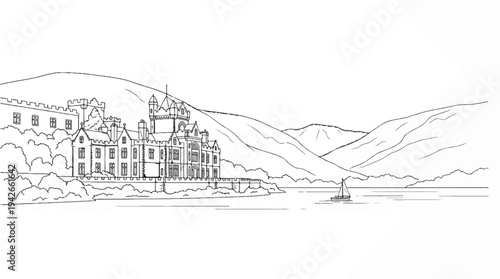 A grand estate sits by a lake, with mountains rising behind it