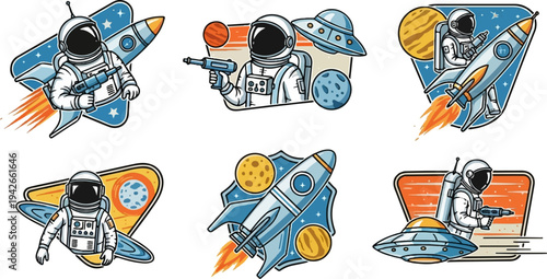 Retro-style astronauts, rockets, and flying saucers in vibrant cosmic scenes