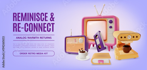 Quadro em tela 3d Reminisce Reconnect Analog Warmth Returns Order Retro Media Kit Concept Ads Banner Poster Card Cartoon Design Style