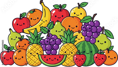 A vibrant illustration of assorted happy cartoon fruits piled together