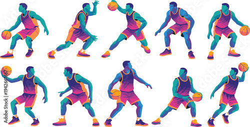 Set of illustrations of a man playing basketball in various poses with ball  action movements
